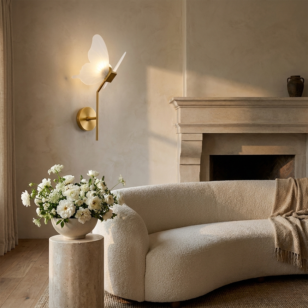 Butterfly wing sconce beside a limestone fireplace in a warmly lit sitting room