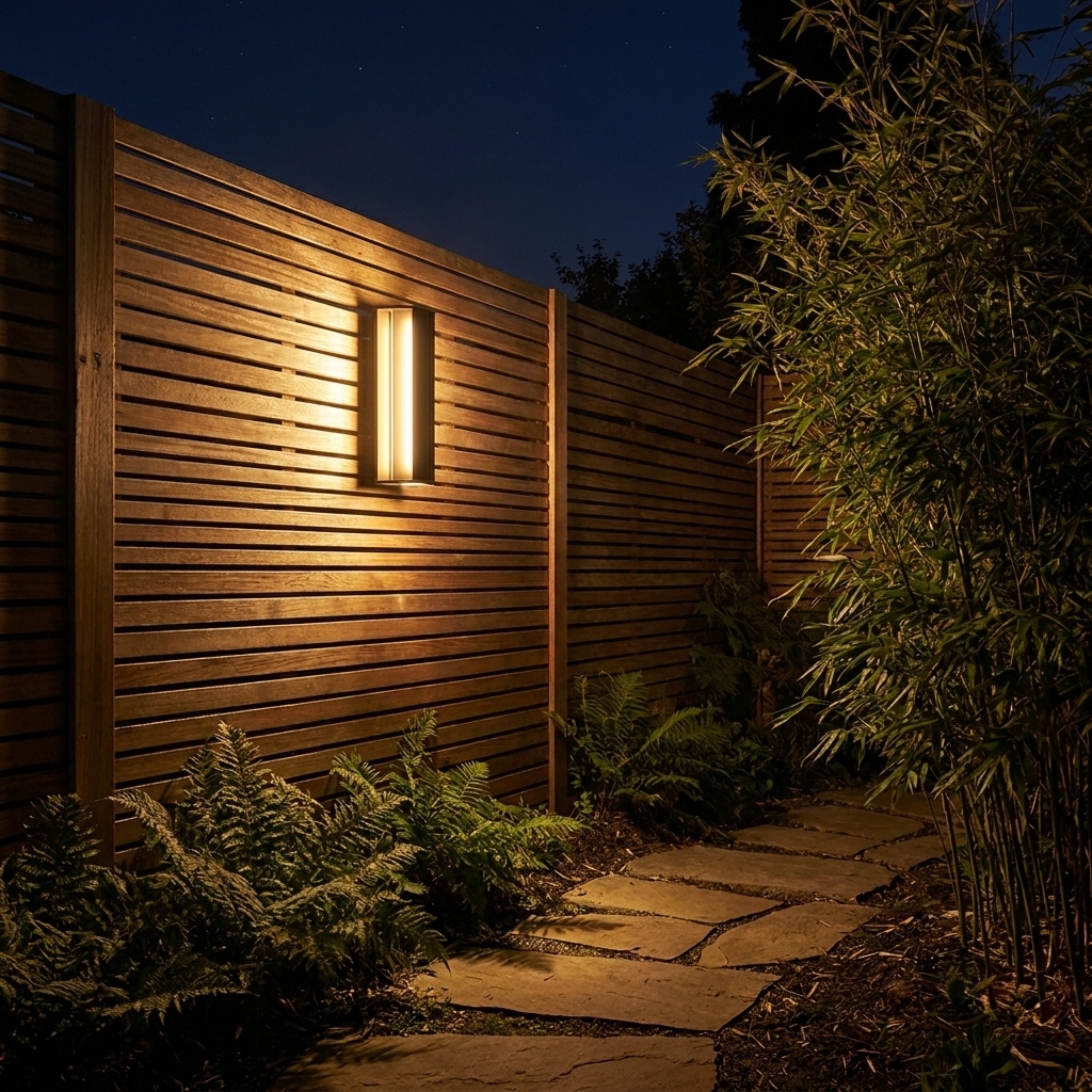 Solar linear wall light glowing at night on a slatted timber garden fence by a stone path