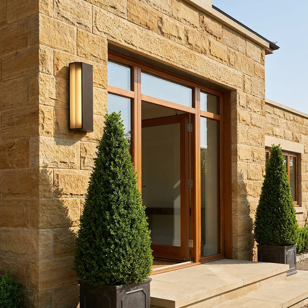 Linear outdoor wall light on a sandstone clad house facade beside a glazed front door in daylight