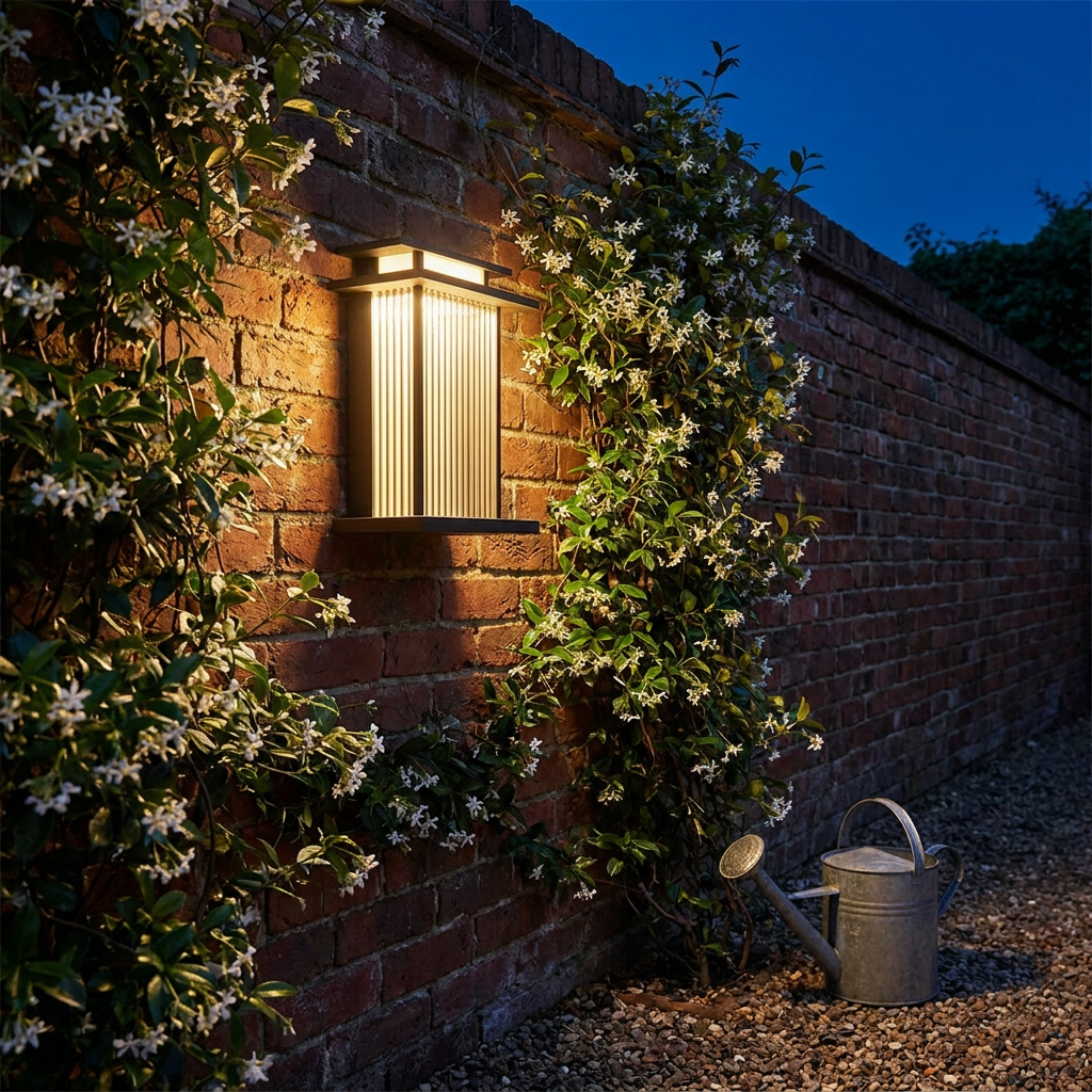 Ribbed glass sconce lighting a jasmine covered red brick boundary wall in the evening