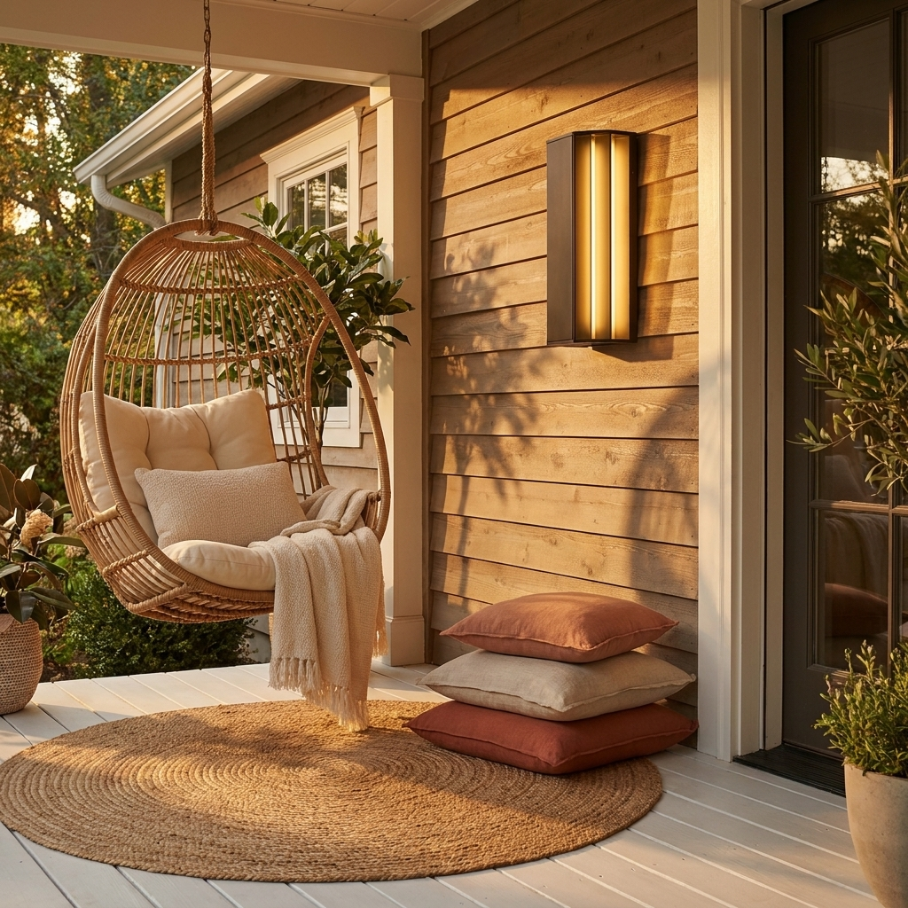 Linear wall light on a covered porch with hanging chair and jute rug in golden hour sun