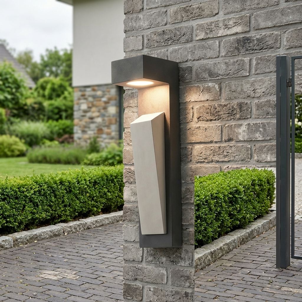 Black cement outdoor wall light on grey brick boundary wall beside driveway