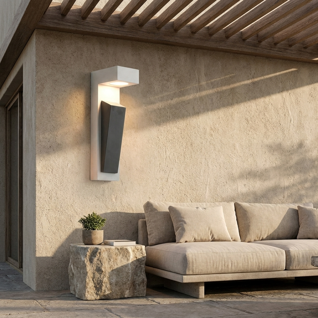 White cement outdoor sconce on stucco patio wall with pergola and outdoor sofa