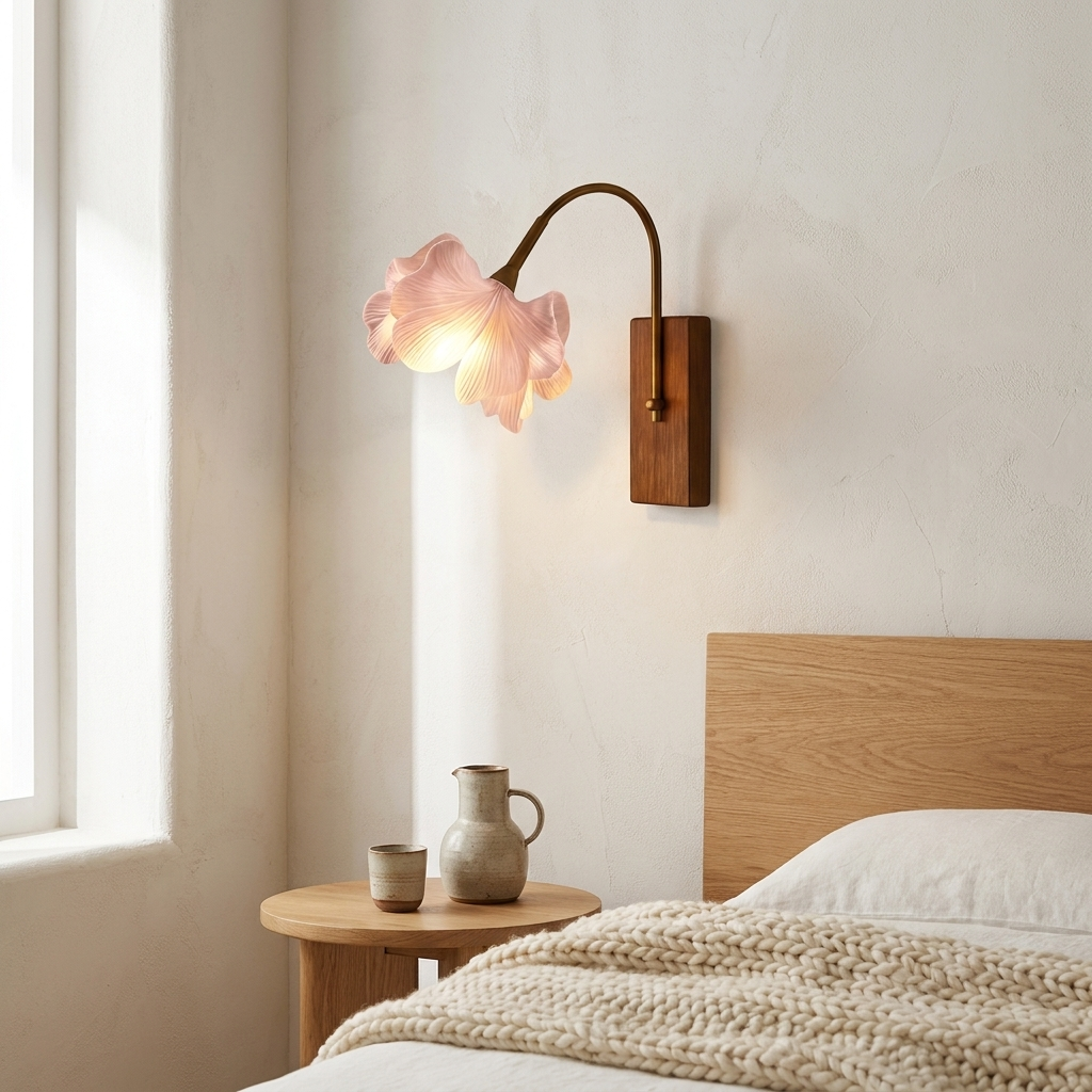 Cherry blossom wall sconce lit beside a low oak headboard in a calm bedroom