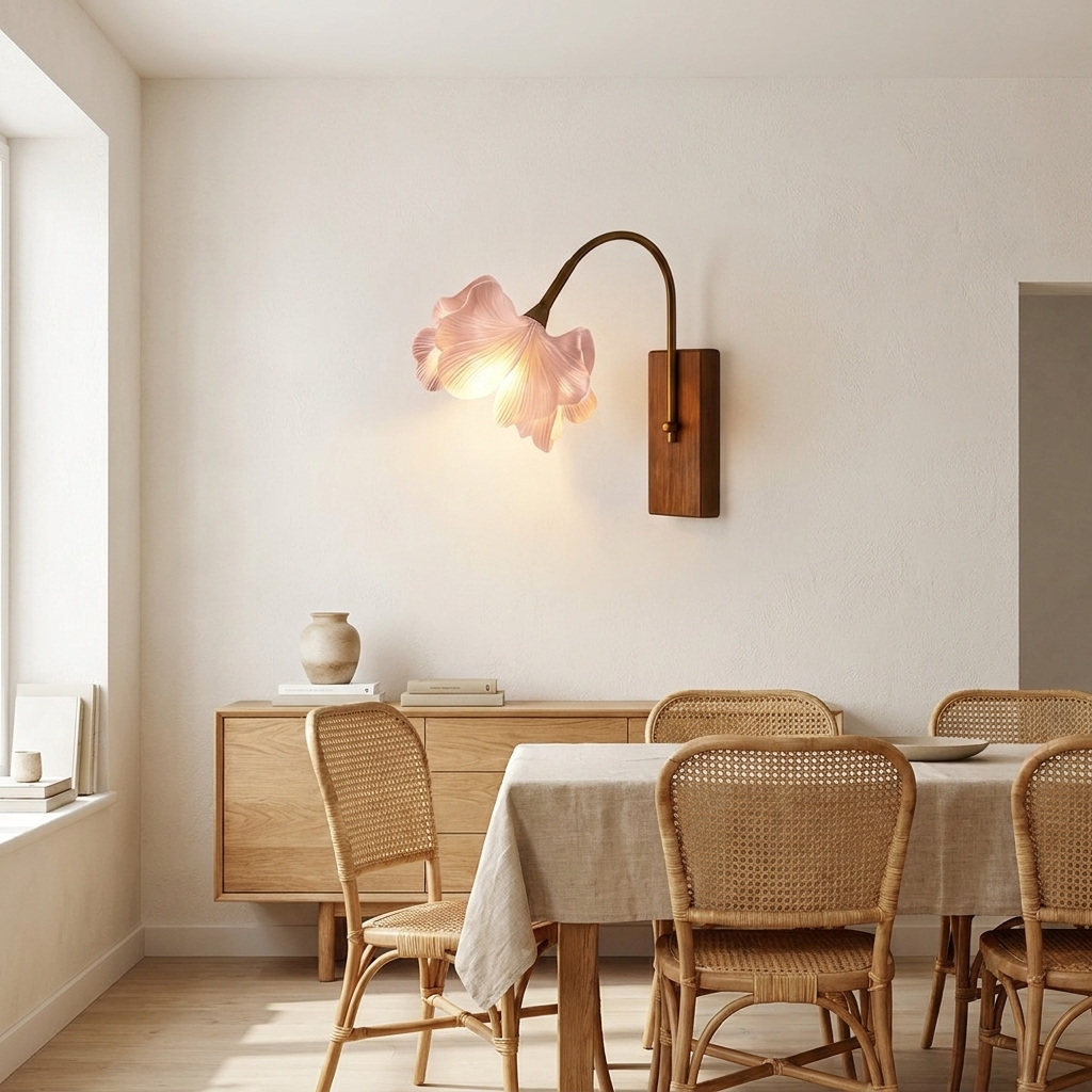 Walnut and pink blossom wall light above an oak credenza in a dining room