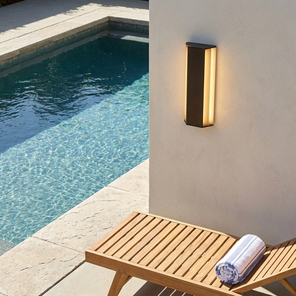 Linear outdoor wall light on a pale poolside wall beside a lounger in bright midday sun