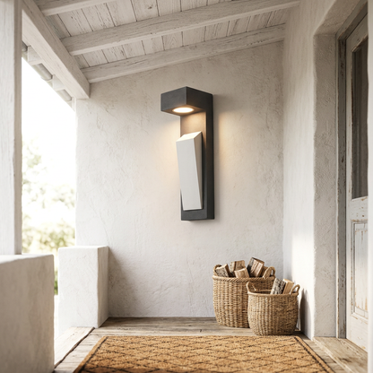 Black cement outdoor sconce on covered porch with whitewashed timber ceiling