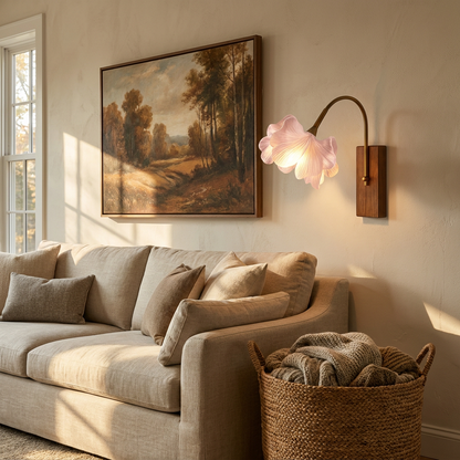 Blossom wall light beside framed landscape artwork in a sunlit living room