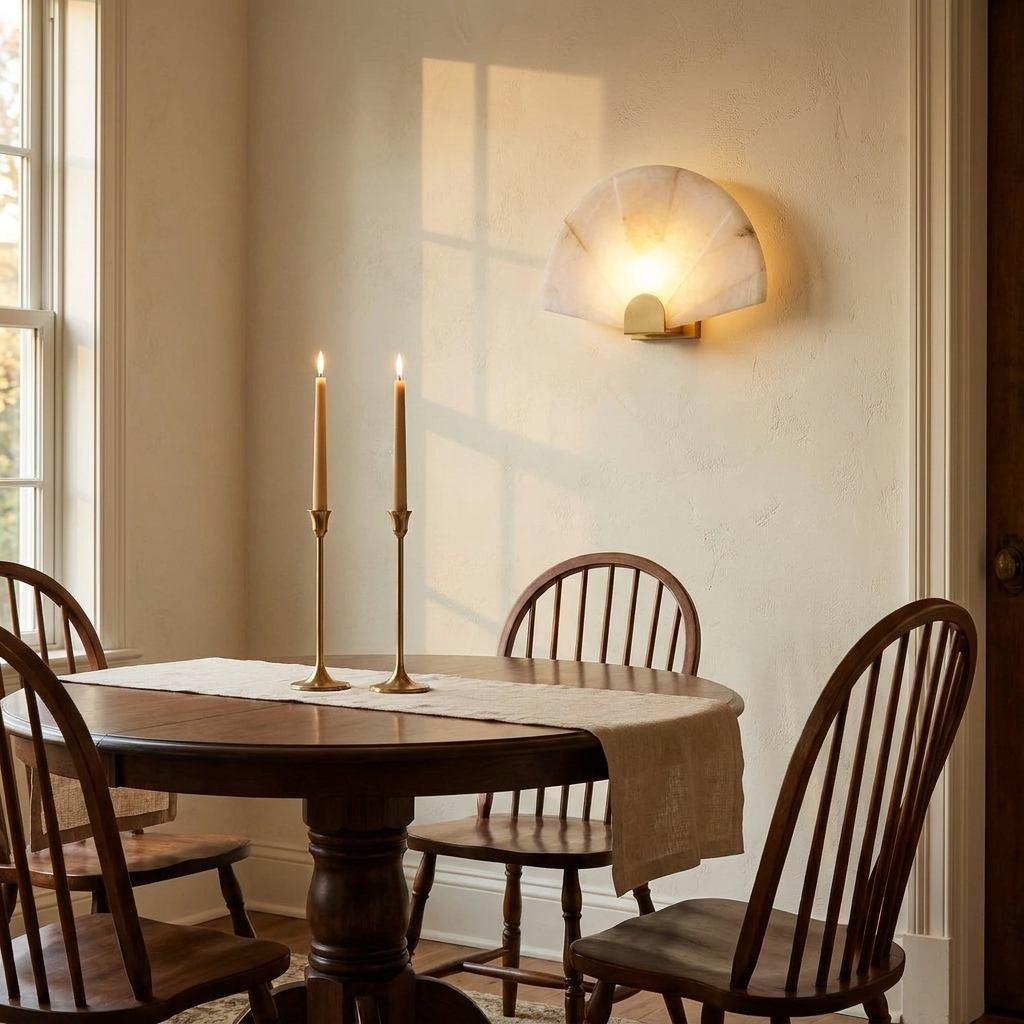 Beaune Scalloped Marble Wall Sconce in a classic dining room