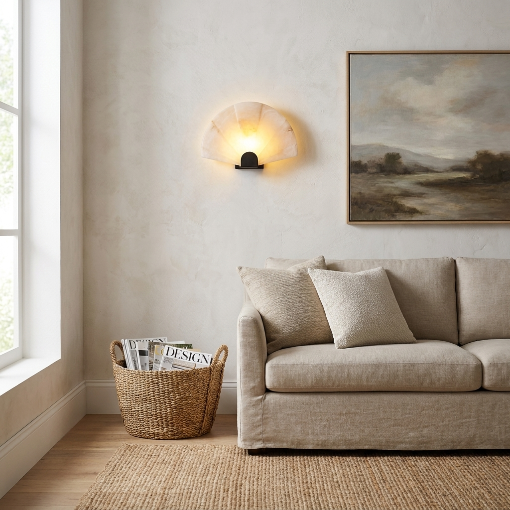 Beaune Scalloped Marble Wall Sconce in a living room beside framed artwork