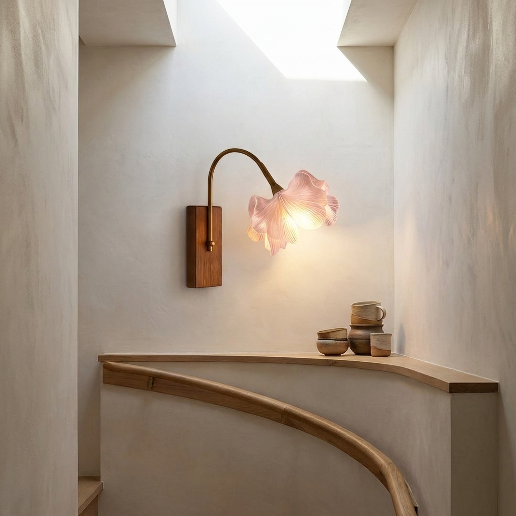 Walnut cherry blossom wall sconce on a bright plastered stairwell landing