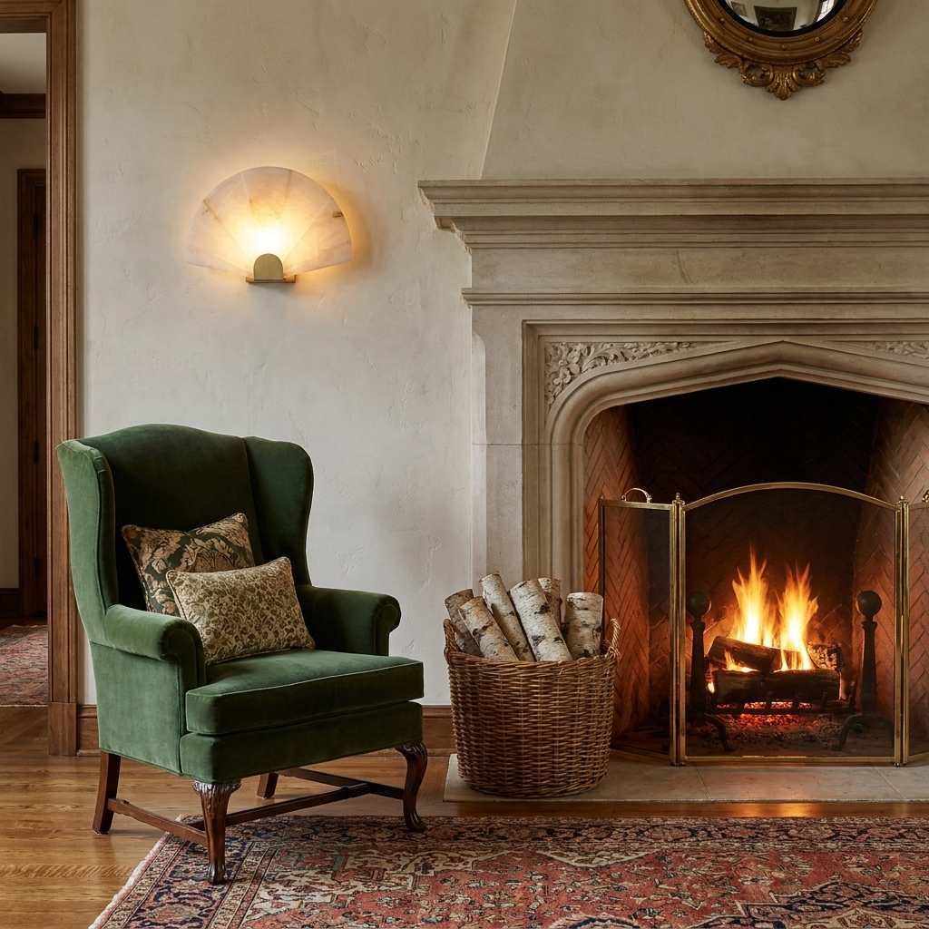 Beaune Scalloped Marble Wall Sconce in a sitting room beside a stone fireplace