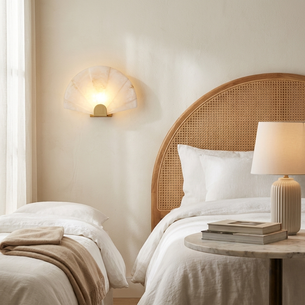 Beaune Scalloped Marble Wall Sconce in a bedroom beside a cane headboard