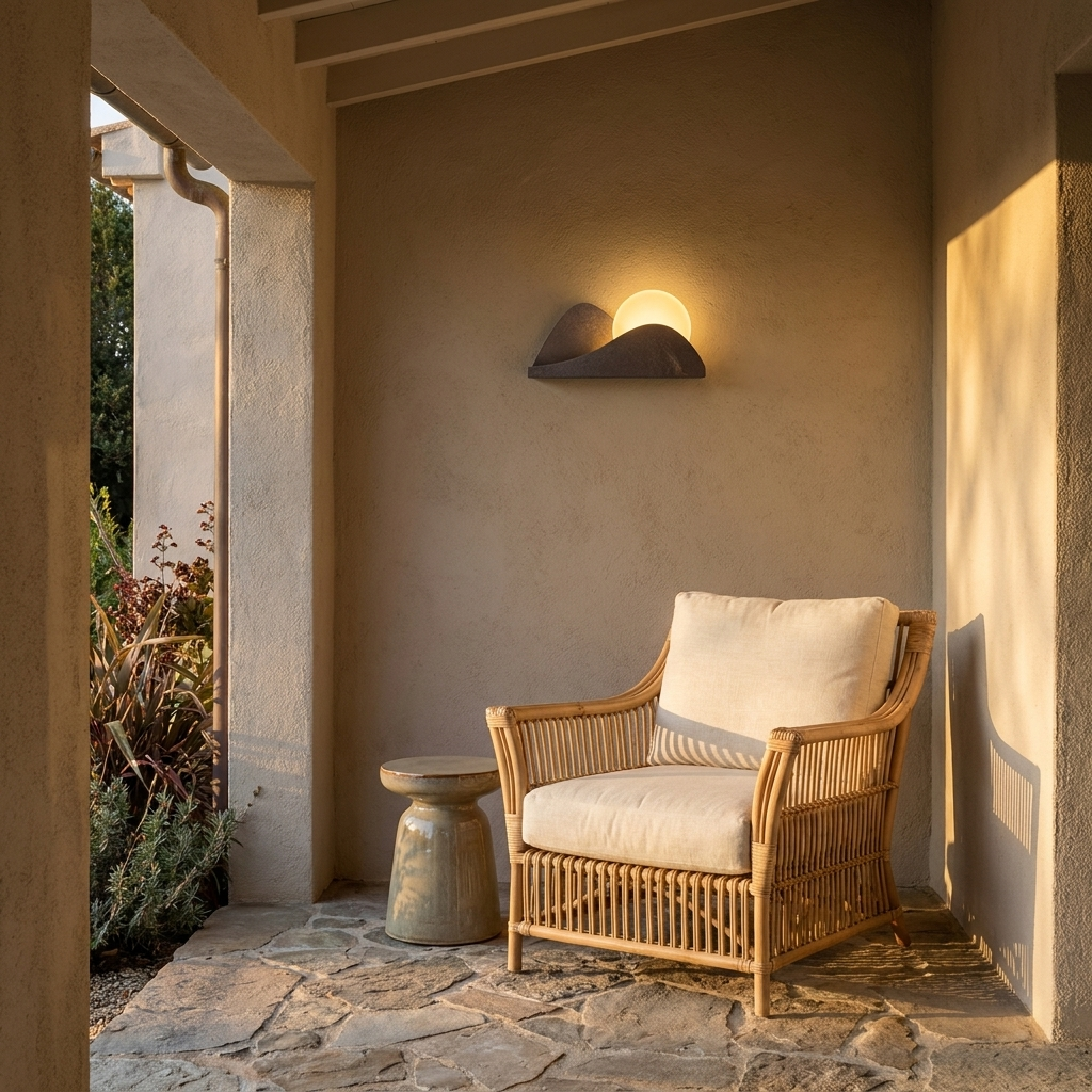Sculptural solar wall light on a covered porch with wicker armchair in golden hour light