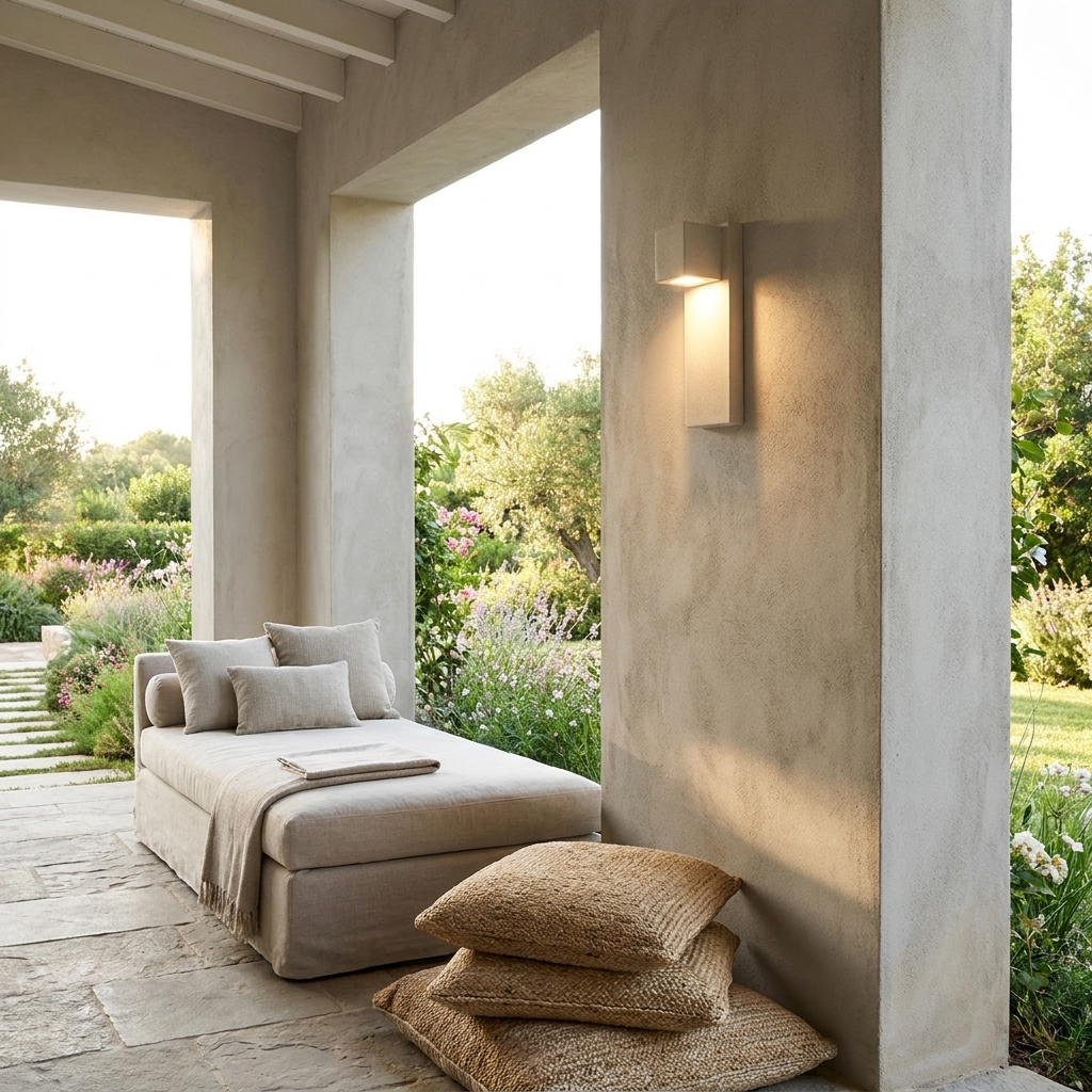 White stone wall light on covered porch with linen daybed and rendered columns
