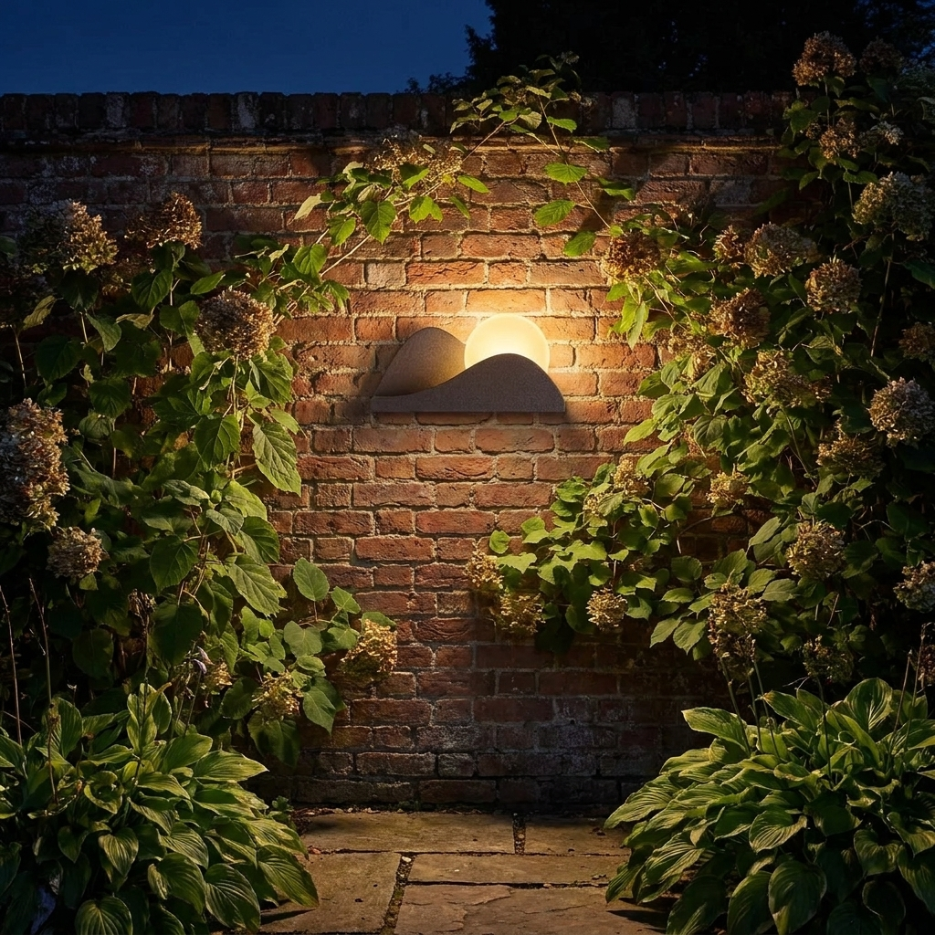 Solar sunrise wall light glowing at night on a brick garden wall with climbing hydrangea