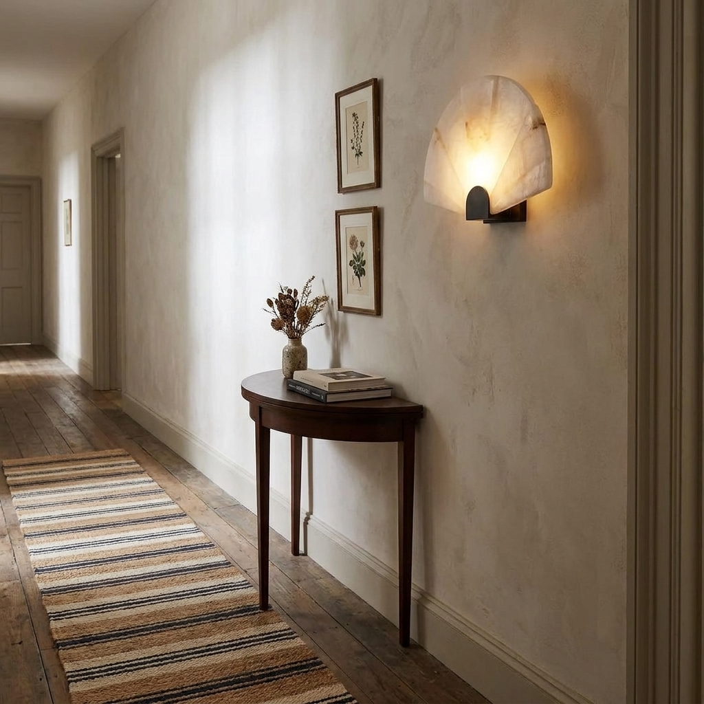 Beaune Scalloped Marble Wall Sconce in a hallway above a jute runner