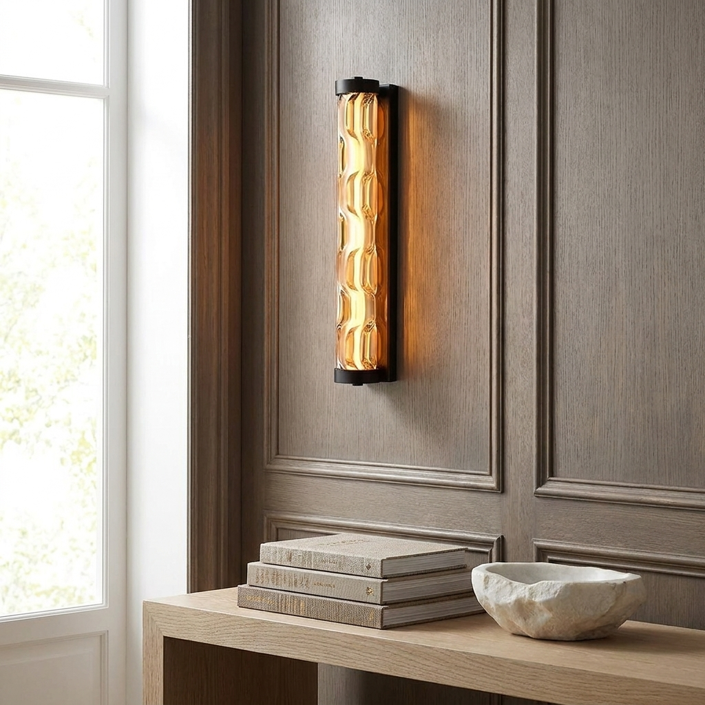 Clear glass linear wall light glowing in a panelled entryway above an oak console