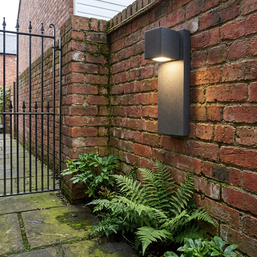 Black stone outdoor wall light on weathered brick boundary wall by metal gate