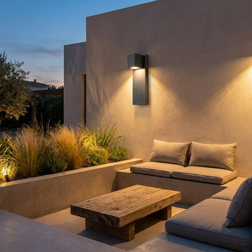 Black stone outdoor sconce glowing over sunken patio lounge at dusk