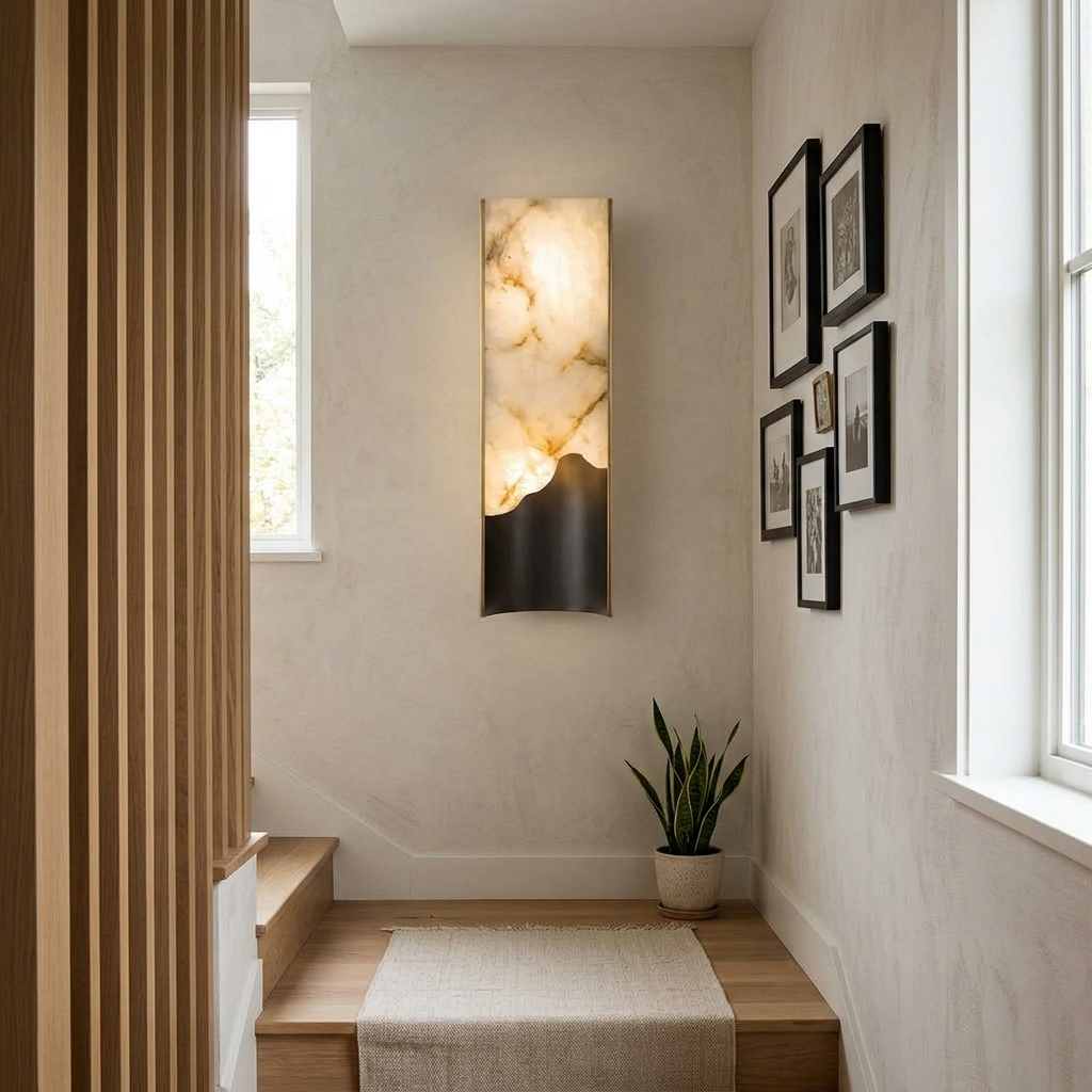 Calliope Vertical Marble Wall Light on a stairwell landing by a gallery wall