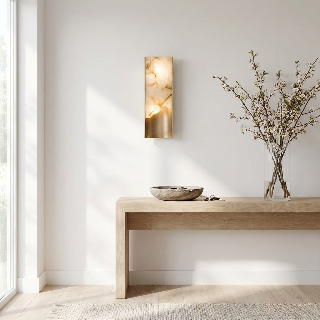 Calliope Vertical Marble Wall Light in a modern entryway above an oak console