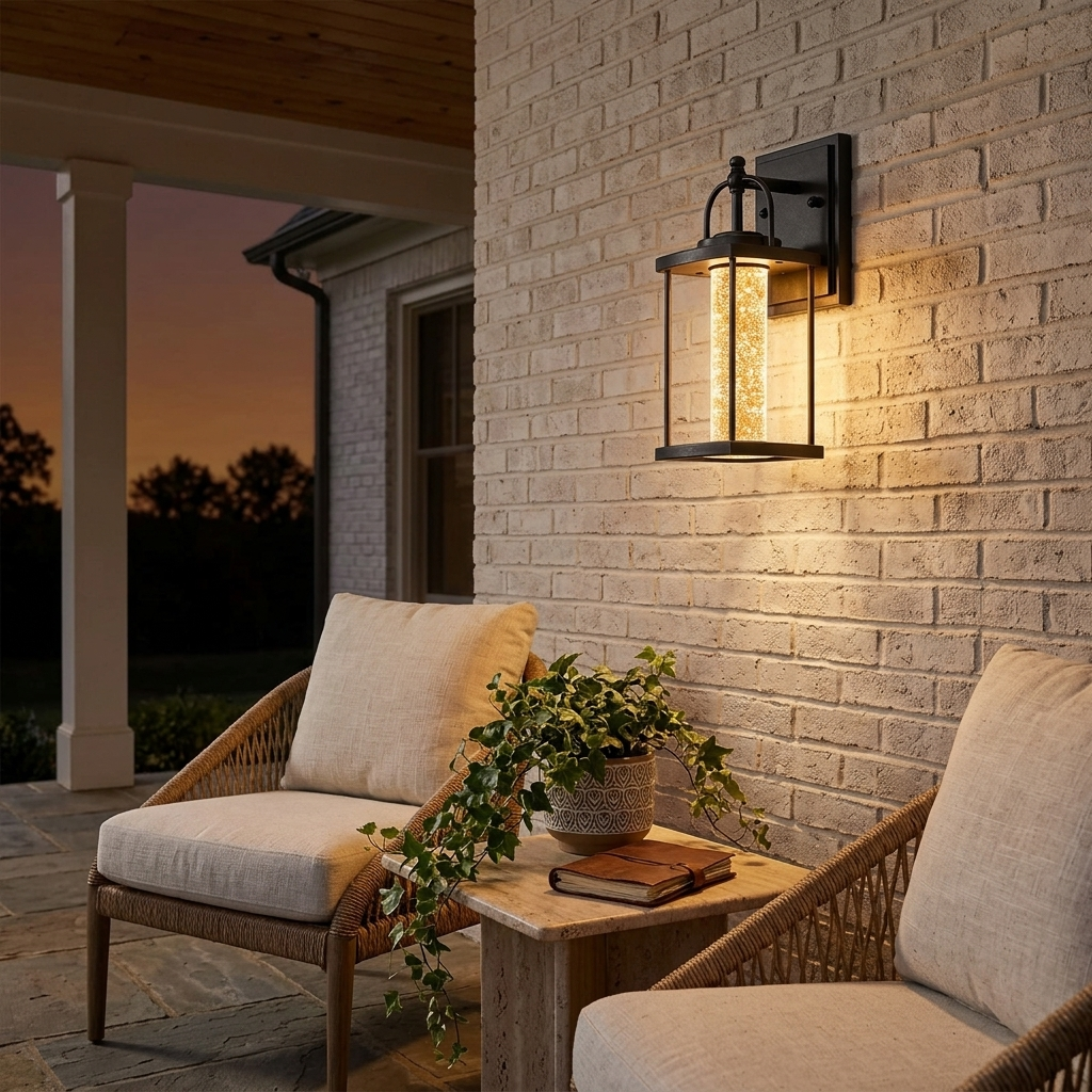 Black outdoor lantern glowing on limewashed brick covered porch with lounge chairs at dusk
