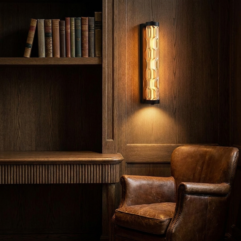 Amber glass wall light casting warm light above a desk in a dark oak study