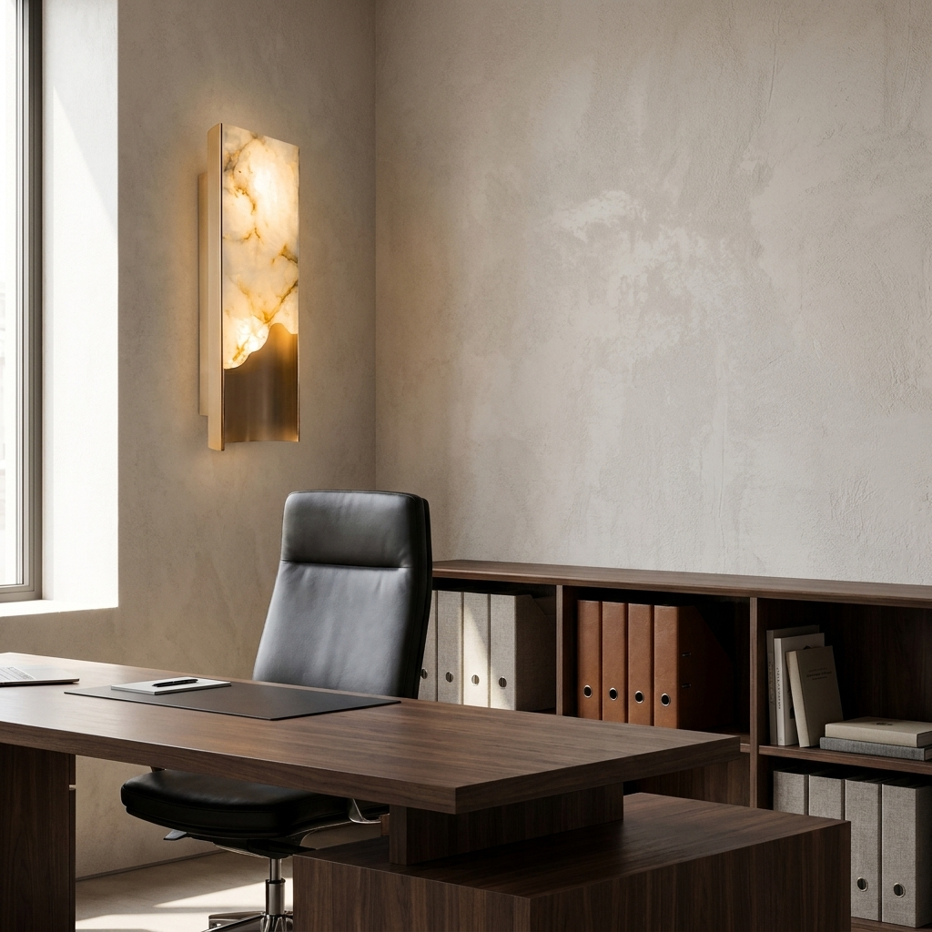 Calliope Vertical Marble Wall Light in a home office above a walnut desk