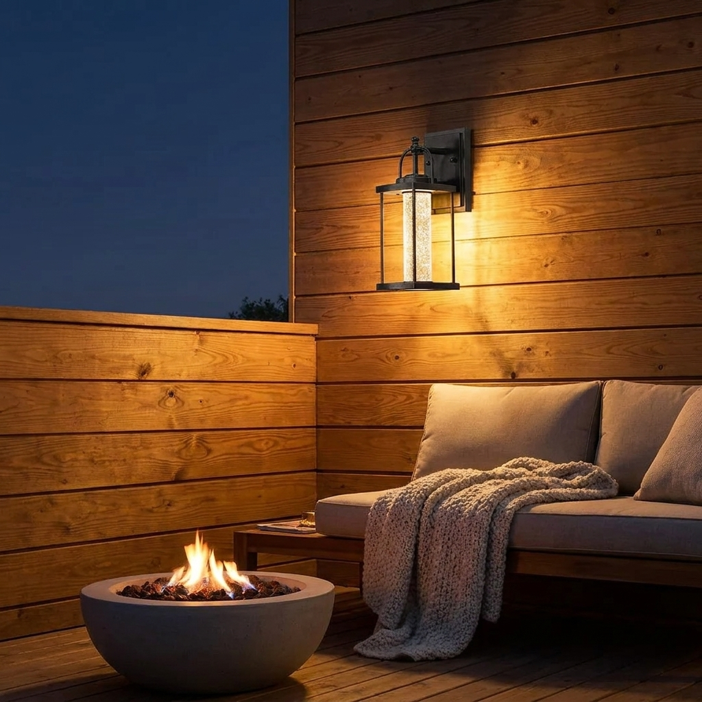 Black lantern wall light on stained pine deck wall with outdoor sofa and fire bowl at night