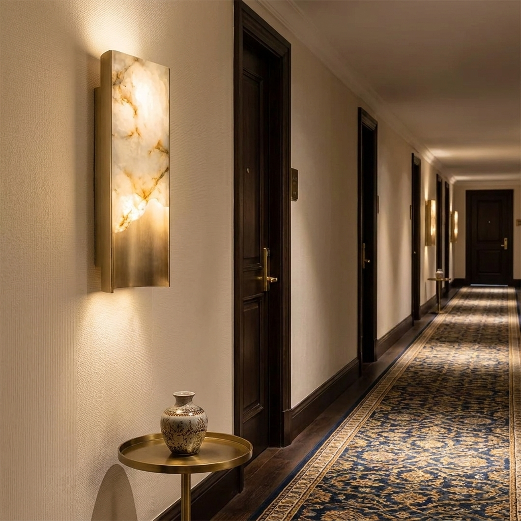 Calliope Vertical Marble Wall Light in a boutique hotel corridor
