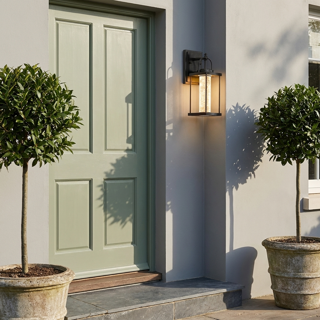 Black geometric lantern outdoor wall sconce on grey rendered facade beside sage front door