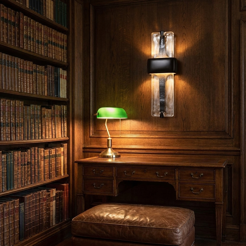 Dorothea Textured Resin Wall Sconce black in a dark oak study with books