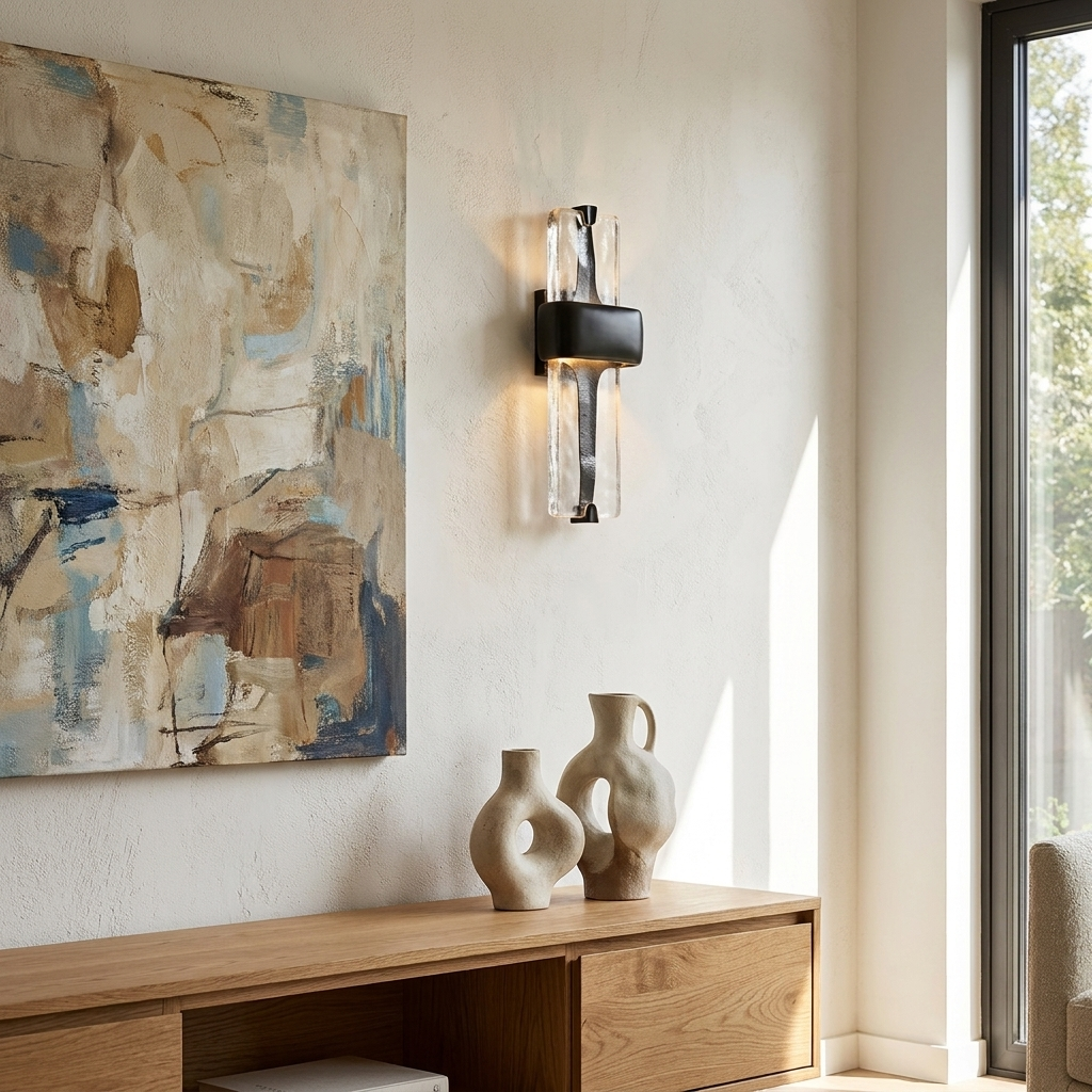 Dorothea Textured Resin Wall Sconce black in a living room beside abstract art
