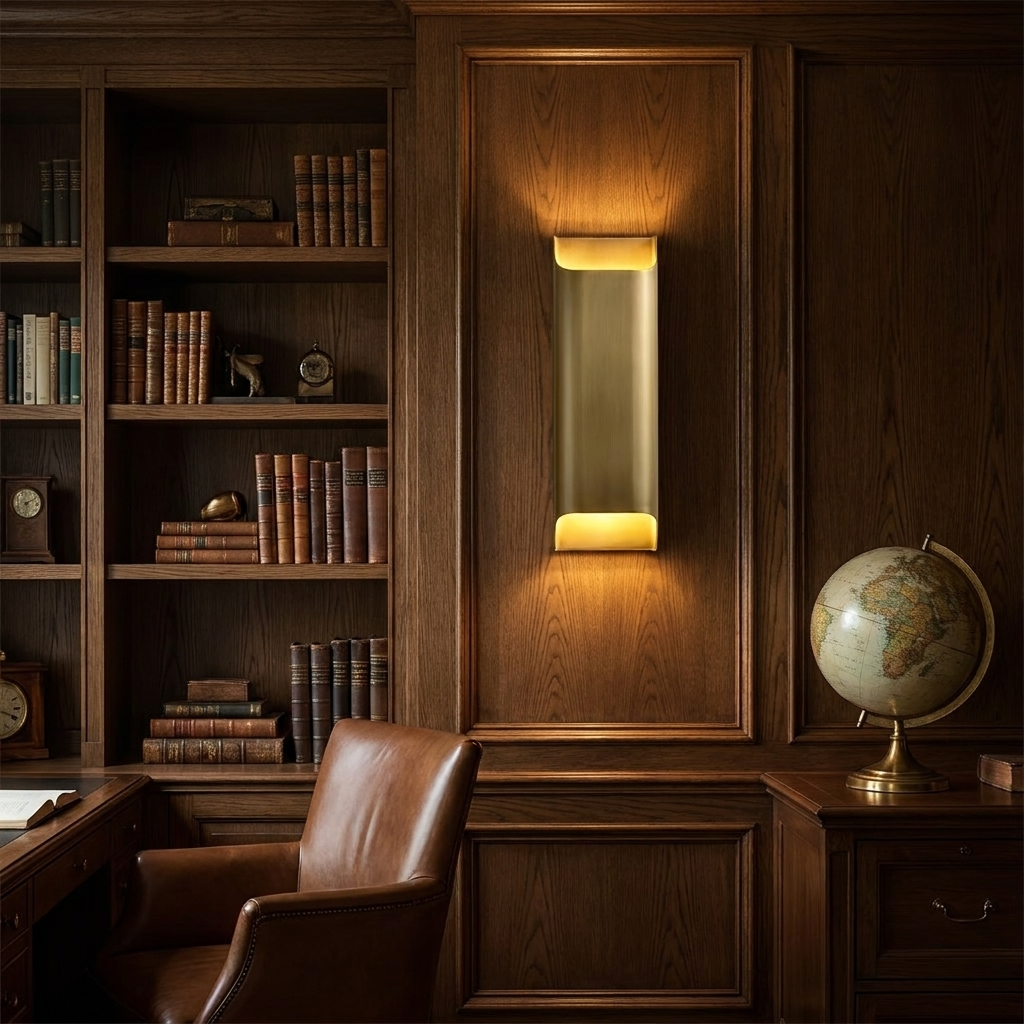 Sennen brass wall sconce tall column glowing in a dark oak study with bookshelves
