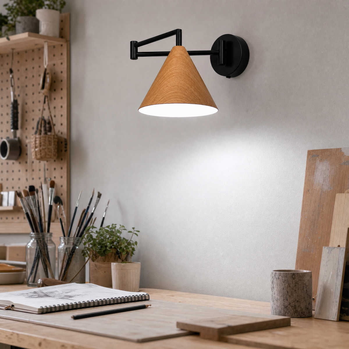 Soren Nordic Swing Arm Wall Sconce in Wood with white light above a creative studio work table