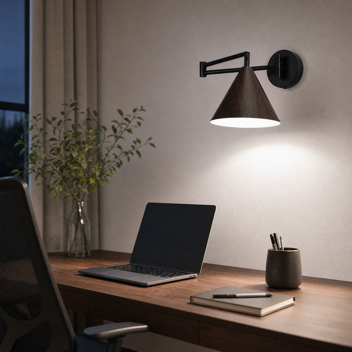 Soren Nordic Swing Arm Wall Sconce in Walnut with white light above a home office desk