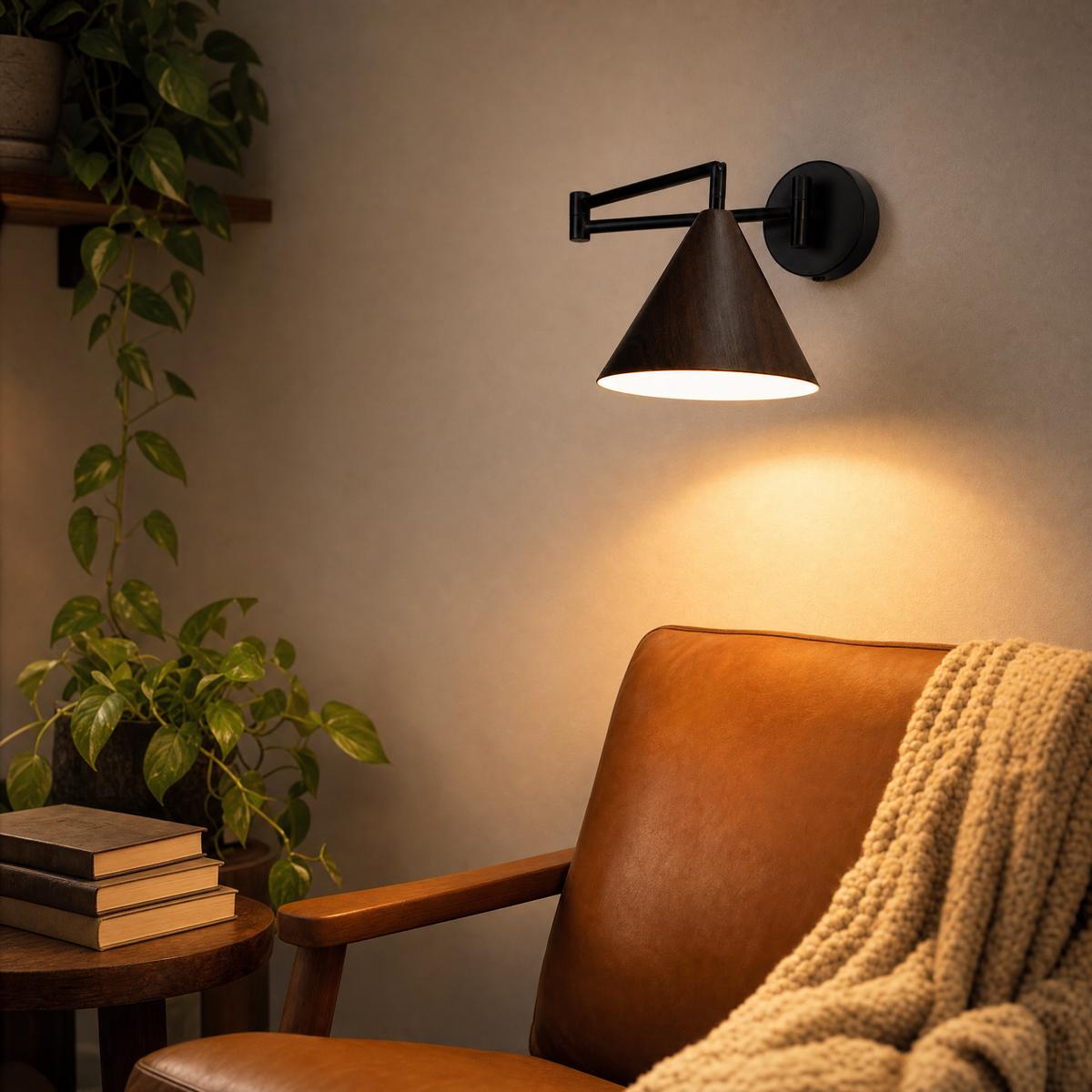 Soren Nordic Swing Arm Wall Sconce in Walnut with warm light above a leather armchair reading nook