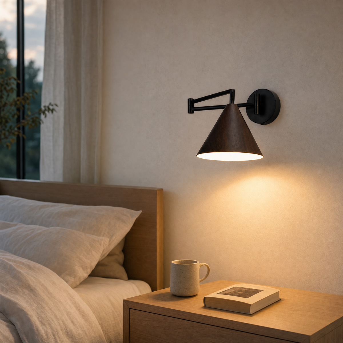 Soren Nordic Swing Arm Wall Sconce in Walnut with warm light, mounted above a bedside nightstand in a minimalist bedroom