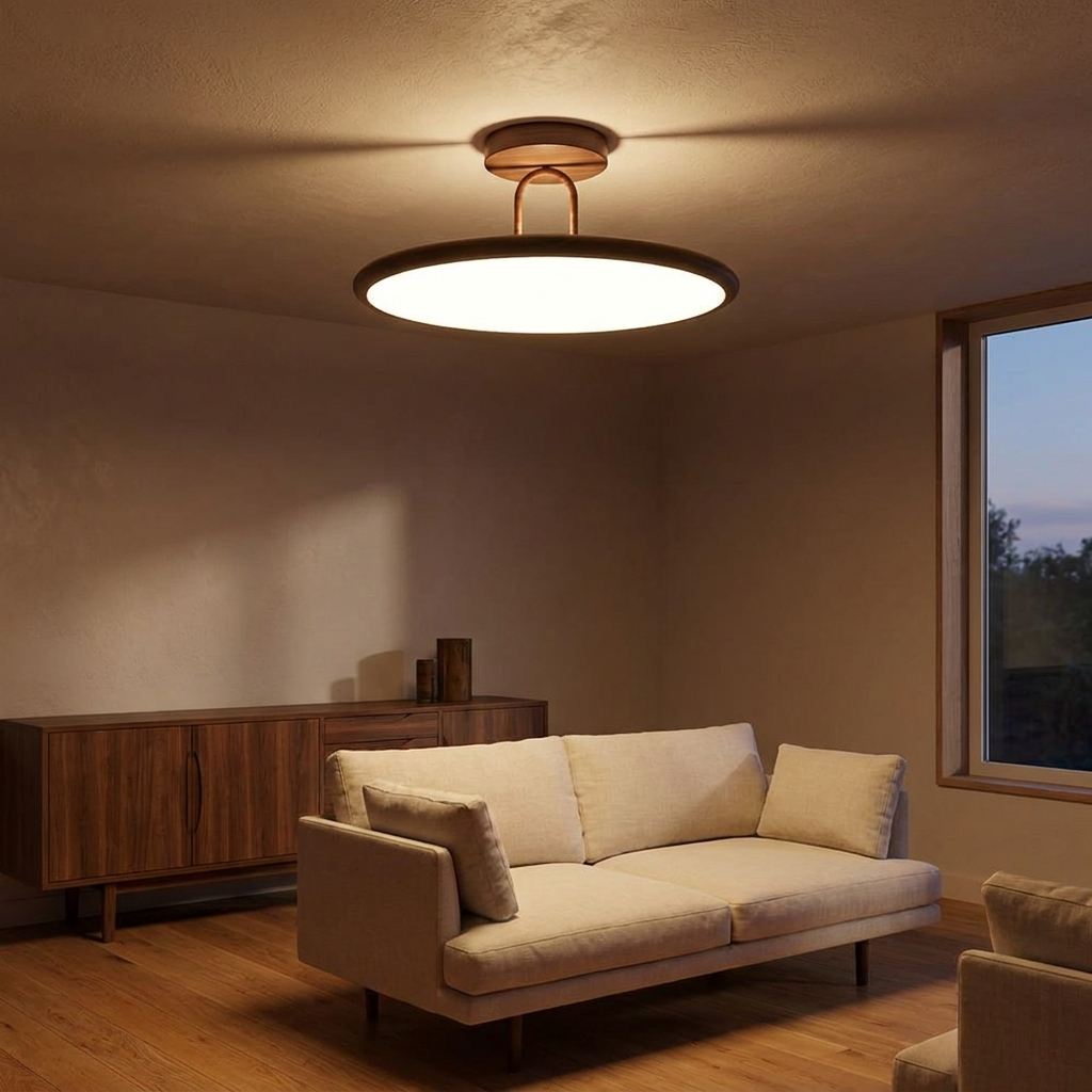 Rowena walnut wood grain round semi flush ceiling light installed in a mid century living room