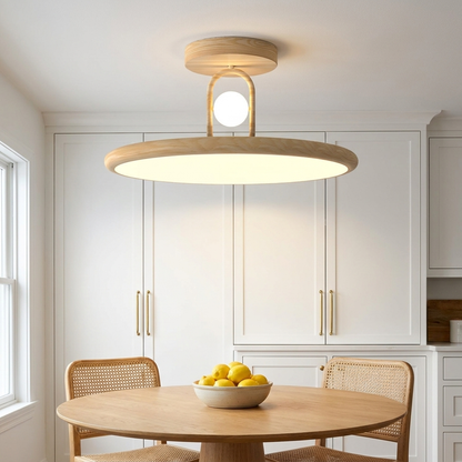 Rowena natural wood ceiling light above a kitchen dining nook with round oak table