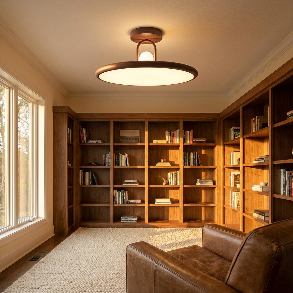 Rowena walnut wood grain ceiling light above a home office reading nook with bookshelves
