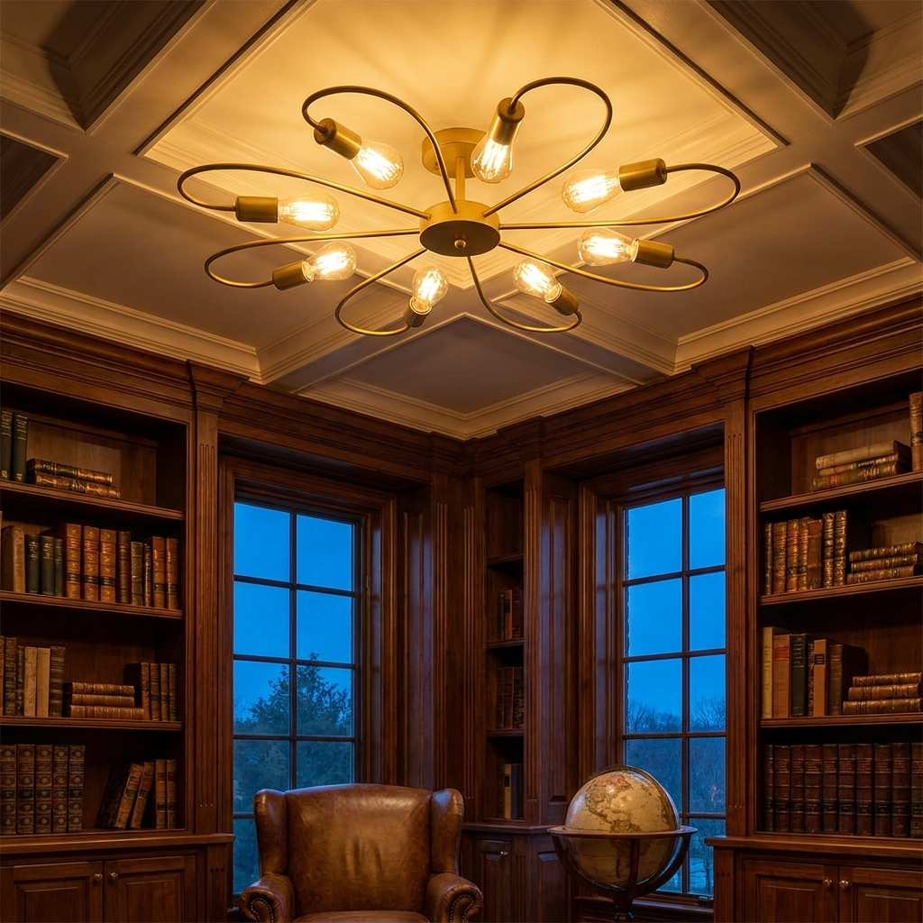 Daisy gold iron flower ceiling light in a refined study with built in shelving