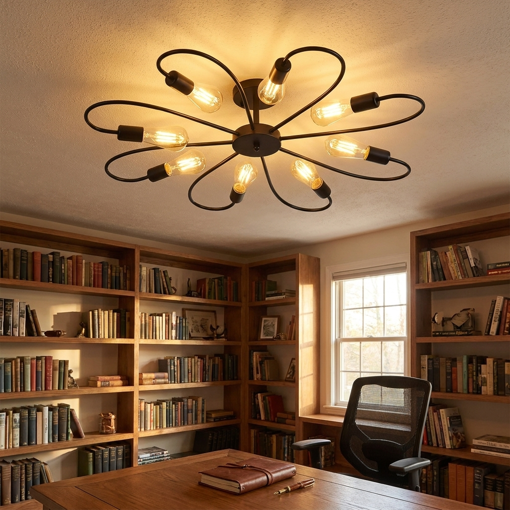 Daisy black iron flower ceiling light in a home study with bookshelves