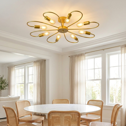 Daisy gold iron flower ceiling light above a bright dining room with round table