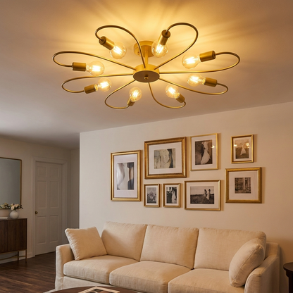 Daisy gold iron flower ceiling light in an elegant living room with gallery wall