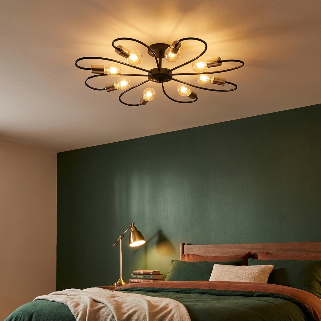 Daisy black and gold flower ceiling light in a bedroom with green accent wall