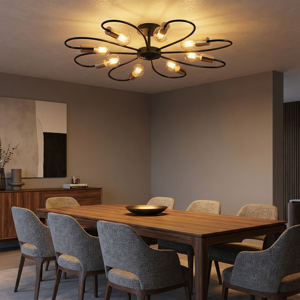 Daisy black and gold flower ceiling light above a modern dining room table