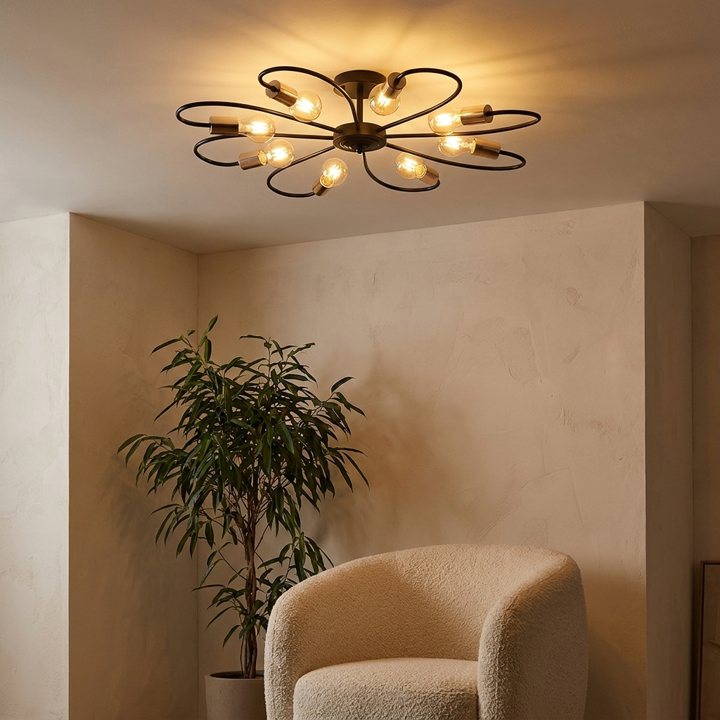 Daisy black and gold flower ceiling light in a contemporary living room