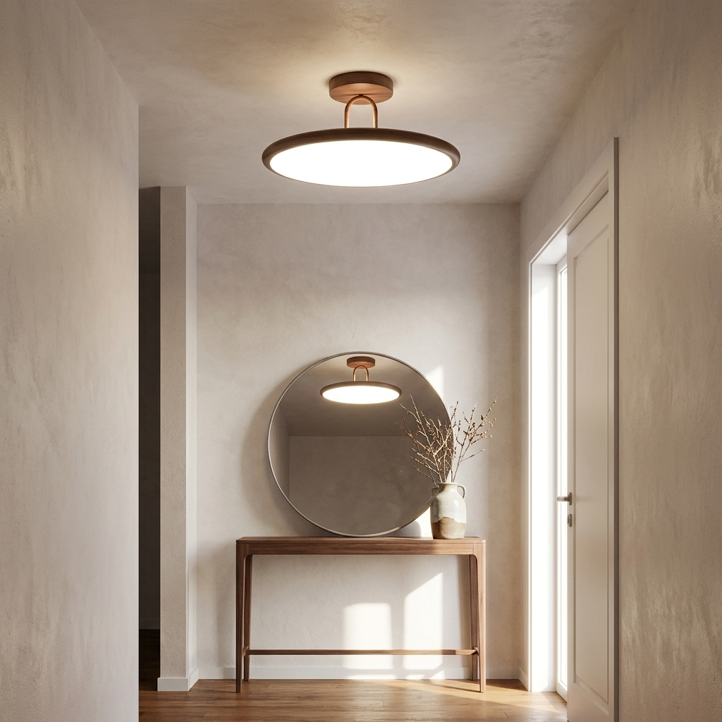 Rowena walnut wood grain ceiling light in an entry hallway with console table and round mirror